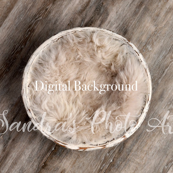 Newborn Digital Background, wooden floor, round white wooden bowl, beige wool layer, boy or girl