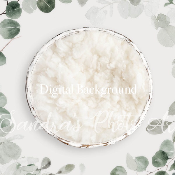 Digital Newborn Background, digital backdrop, boy or girl, green leaves, leaf, natural, round bowl, white felted layer