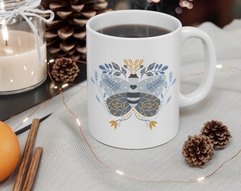 Scandinavian Folk Art Butterfly Mug, Floral Butterfly Mug, Mug Gift