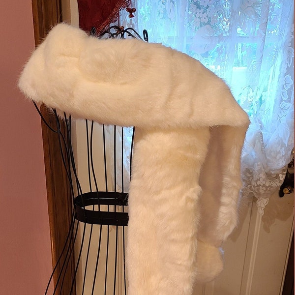 GLAM Pia Rossini Faux White Mink Long Scarf / Stole with Large Faux Fur Pom-Poms - 74" long x 6 " wide