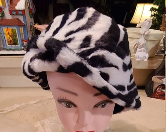 Faux Fur Black and White Animal Print Bucket Hat - One Size