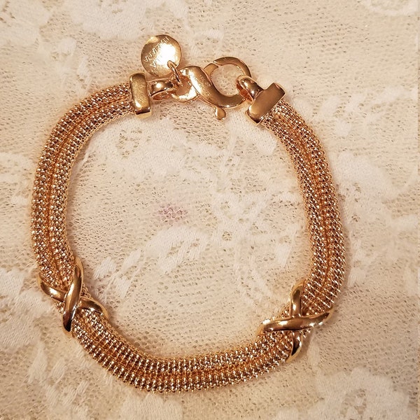 Vintage "X" Link Double Popcorn Chain Bracelet, Made in Italy, 18k Gold Plated - 8" long