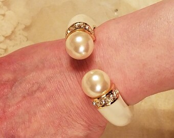 Bridal White Enamel Large White Faux Pearls, Rhinestones, & Gold Plated Open Hinged Bangle - Avg Wrist