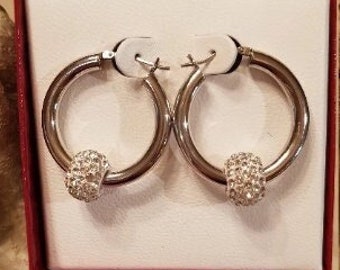 Vintage Swarovski Beads with Polished Sterling Silver Hoops. Pierced 1-3/8"