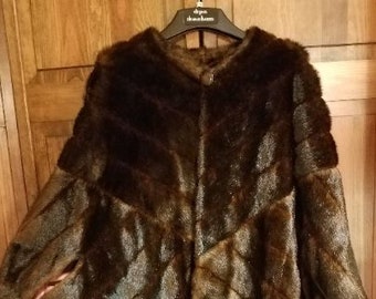 Dennis Basso Rich Chocolate Faux Mink Pelted Cape w/ Fringe- One Size Missy