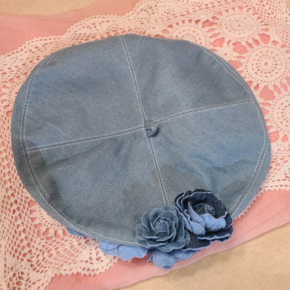 Retro Flower Decor Beret Washed Blue Denim 100% C… - image 7