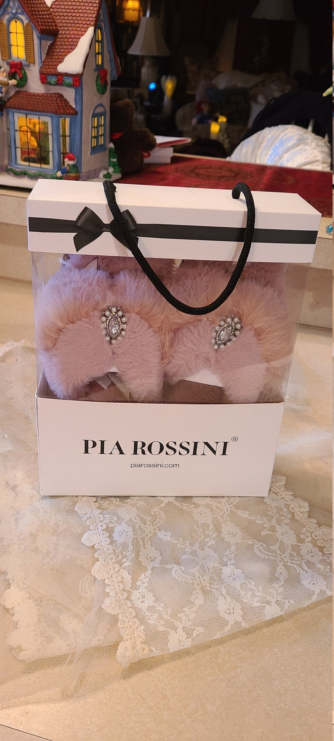 Pia Rossini Fluffy Faux Fur Toe post Slippers With Jewel Detail
