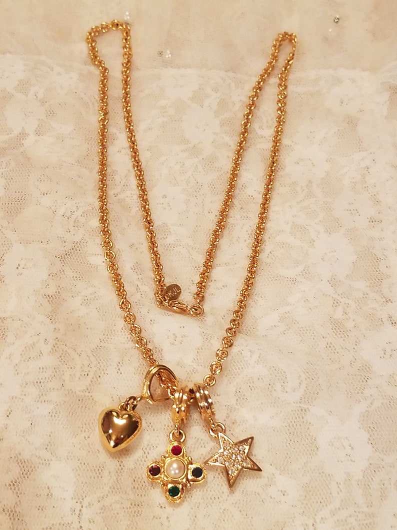 CLEARANCE Vintage Kenneth Jay Lane 3 Charm Gold Tone Necklace 28 Long
