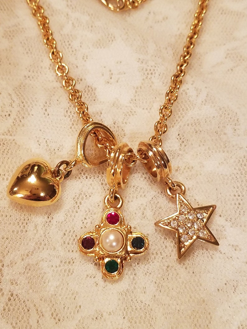 CLEARANCE Vintage Kenneth Jay Lane 3 Charm Gold Tone Necklace 28 Long