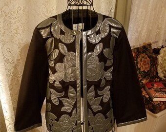 Victor Costa Black & Gray Faux Leather Applique Jacket  Size - Med