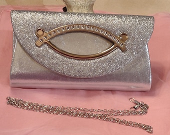 Silver and Glitter Faux Leather Evening Clutch / Shoulder Purse