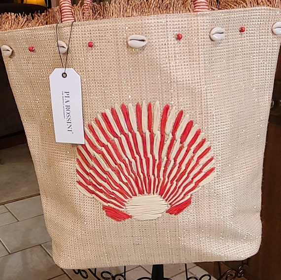 Pia Rossini Natural Woven Jute Shell Embellished Large Summer Beach Tote Etsy