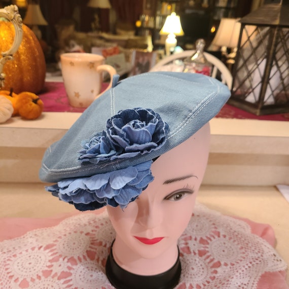 Retro Flower Decor Beret Washed Blue Denim 100% C… - image 3