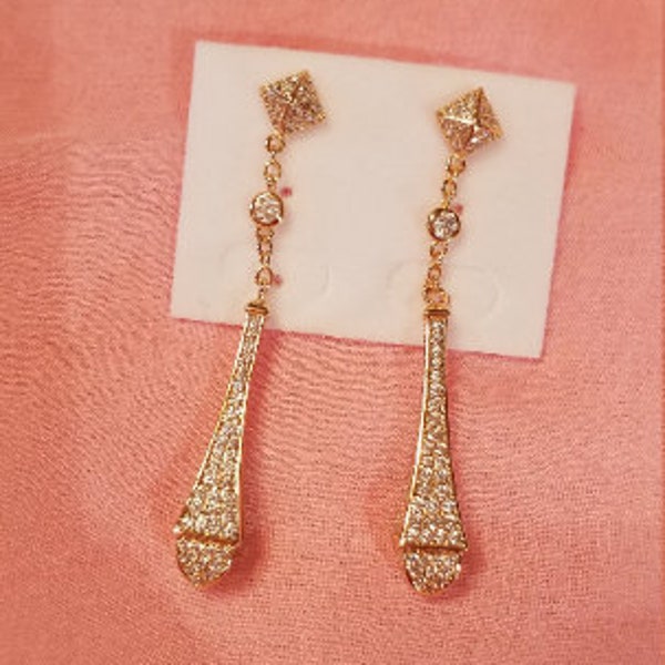 Vintage Drop Earrings 18k Gold Filled w/ Clear Swarovski Crystals Designed in Italy - Pierced - 2" long