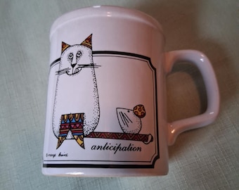Marge Levine signed 1970s Art Cat & Mouse Coffee Mug "Anticipation" Japan