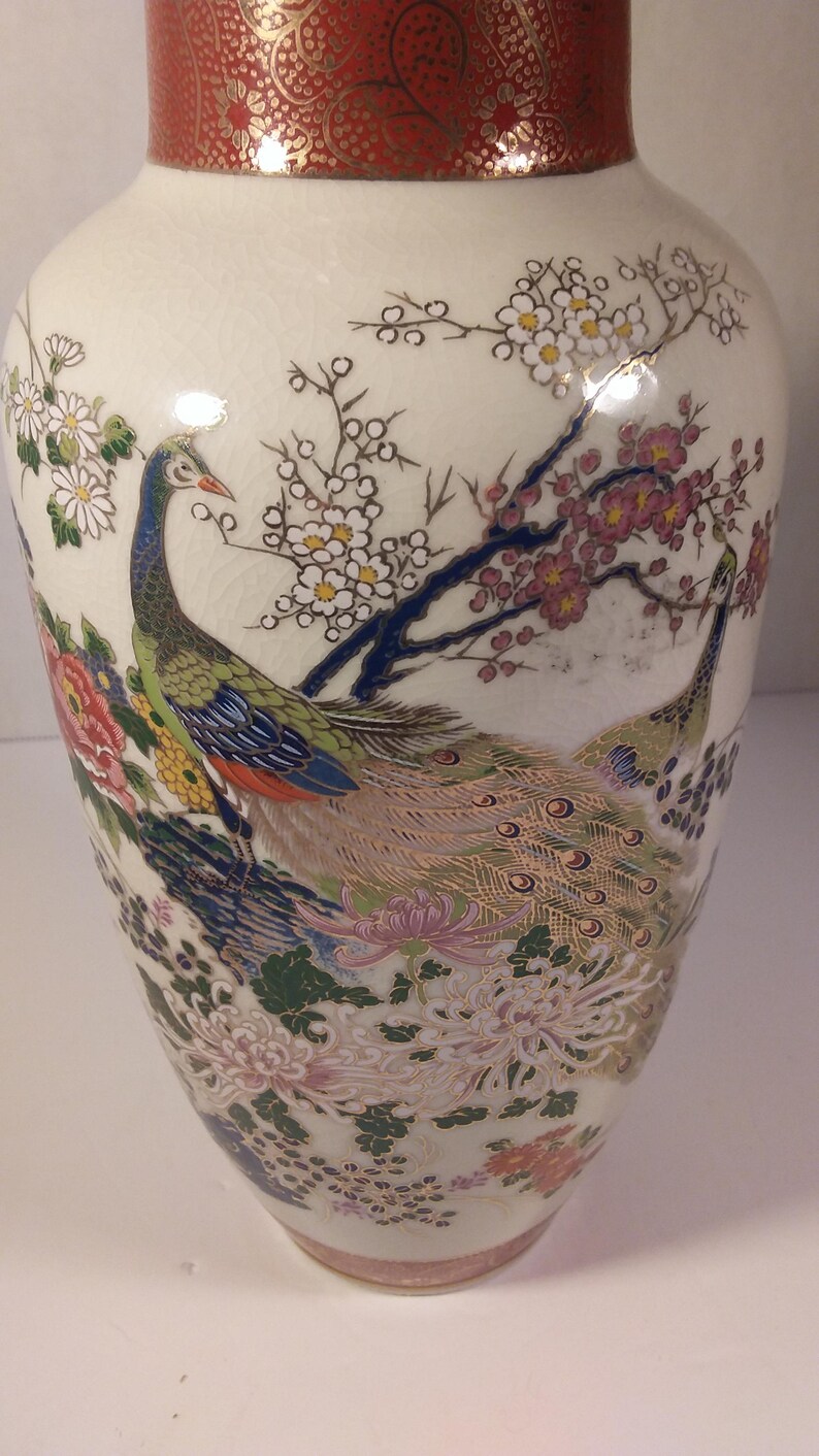 Vintage Satsuma Japan Peacock Floral Vase Porcelain Japanese 12” Crazed ...