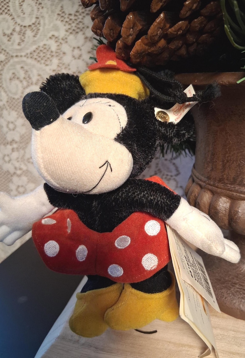 Disney Steiff Minnie Mouse Mohair peluche ornamento natalizio con etichette 1999 immagine 1