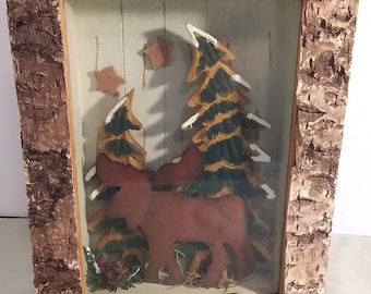Winter Wild Life Moose Adirondacks Rustic Shadowbox Decor Hand Made  Birch frame