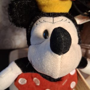 Pu&ograve; includere: Una bambola di peluche di Minnie Mouse con testa e orecchie nere, viso bianco e fiocco a pois rossi e bianchi. Indossa un cappello giallo con un fiore rosso. La bambola ha un colletto a pois rossi e bianchi e scarpe gialle.
