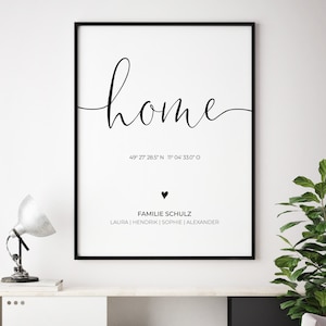 Poster: "home" personalized with coordinates, surname and first names