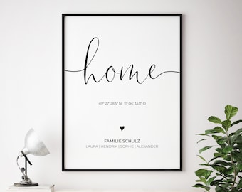 Poster: "home" personalisiert mit Koordinaten, Familienname und Vornamen