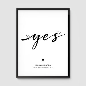 Poster "yes" personalized with name and date - wedding gift, wedding, bridal couple names