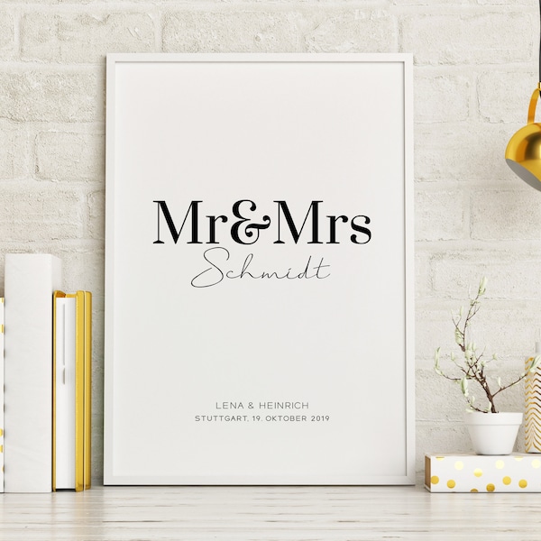 Poster: "Mr & Mrs" Personalized with Name, Date and City - Wedding Gift, Wedding, Bridal Couple Name