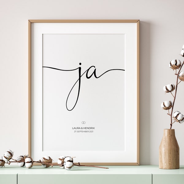 Poster, Print, Kunstdruck: "ja" personalisiert - Hochzeitsgeschenk, Hochzeit, Brautpaar Namen