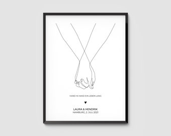 Poster "Hand in Hand" personalized with name and date - wedding gift, wedding, bridal couple names