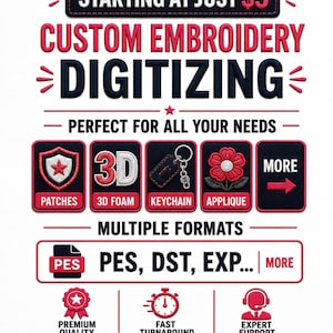 May include: A digital graphic advertisement for custom embroidery digitising services. The text reads STARTING AT JUST $5, CUSTOM EMBROIDERY DIGITISING, PERFECT FOR ALL YOUR NEEDS, MULTIPLE FORMATS, PES, DST, EXP, MORE, PREMIUM QUALITY, FAST TURNAROUND, EXPERT SUPPORT, TREDDESIGNER.