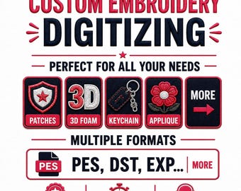 May include: A digital graphic advertisement for custom embroidery digitizing services. The text reads STARTING AT JUST $5, CUSTOM EMBROIDERY DIGITIZING, PERFECT FOR ALL YOUR NEEDS, MULTIPLE FORMATS, PES, DST, EXP, MORE, PREMIUM QUALITY, FAST TURNAROUND, EXPERT SUPPORT, TREDDESIGNER.