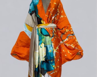 Flora print kimono, Peach blossom flower print cardigan, Abstract cocktail party short robe, Christmas gift, Beach cover up kaftan