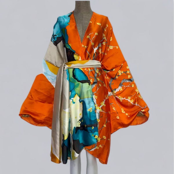 Flora print kimono, Peach blossom flower print cardigan, Abstract cocktail party short robe, Christmas gift, Beach cover up kaftan