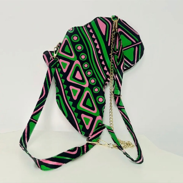 Africa-Shaped Crossbody Bag PU Leather and Kente Fabric