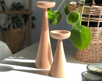 Set of 2 Beech Wood Candle Holders, Modern Wooden Taper Candle Holder, Candlesticks, Wooden Candlestick