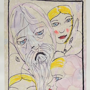 May include: A watercolor painting of three faces, two women and one man, with a floral background. The man has a long white beard and the women have yellow hair. The painting is signed "Happy 94!" in the bottom right corner.
