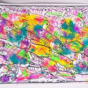 May include: A colorful abstract painting of fish with black outlines. The fish are layered on top of each other and are painted in shades of yellow, green, blue, pink, and purple. The painting is titled "Go with the Flow" and is signed "Reamy 2000".