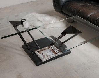 Designer Bellato Italian postmodern coffee table with adjustable black legs and two glass tops