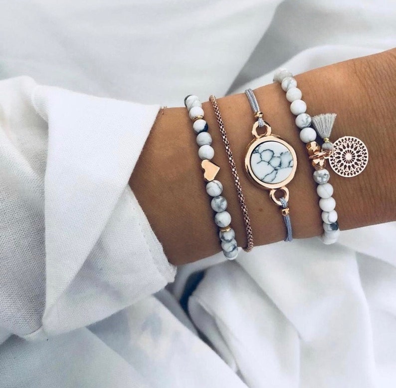 Tassel Marble Beaded Bracelet Set Stack BraceletStatement image 0