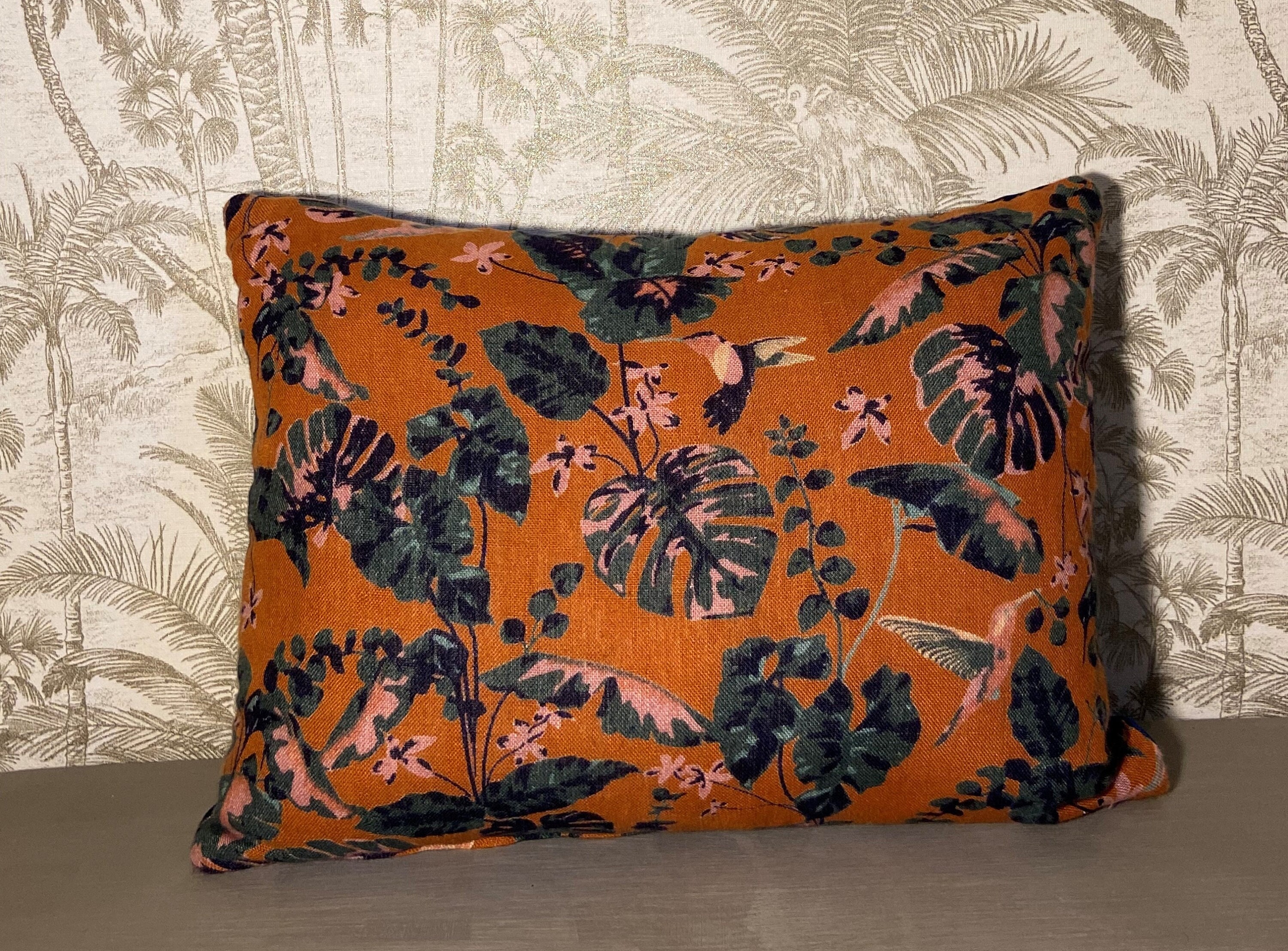 Coussin Colibri - Lin Orange et Bleu