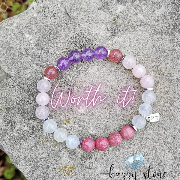 Self-Care Bracelet - WORTH IT Bracelet -Empath Healing Jewelry - Rose Quartz Amethyst Moonstone Rhodonite Strawberry Quartz - Empath Gift