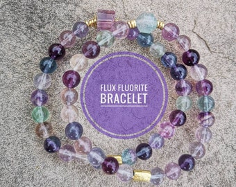 Bracelet en cristal de fluorite | BRACELET FLUX 6mm | pierres violettes, vertes, jaunes pour l'organisation, l'anxiété, la protection | Pierre d'étudiant