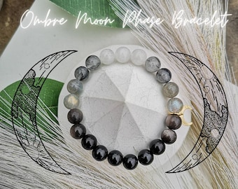 MOON Phases Bracelet /  High Quality  Natural Gemstones / Black Tourmaline Silver Sheen Obsidian Labradorite Black Rutile Quartz Moonstone