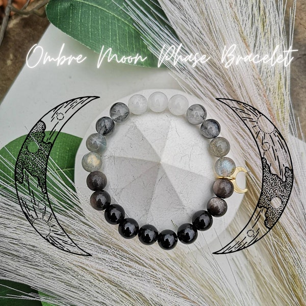 MOON Phases Bracelet /  High Quality  Natural Gemstones / Black Tourmaline Silver Sheen Obsidian Labradorite Black Rutile Quartz Moonstone