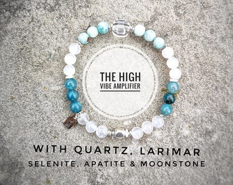 Larimar Selenite Bracelet/ The HIGH VIBE Amplifier / High Quality Crystals Larimar, Apatite, Selenite, Moonstone / Attune to Higher Energies
