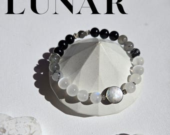 Pulsera MOON Phases / Piedras preciosas naturales de alta calidad / Turmalina negra, brillo plateado, obsidiana, labradorita, cuarzo rutilo negro, piedra lunar
