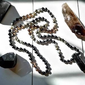 The Empath&#39;s Armour Mala Necklace / Shungite, Smoky Quartz, Black Tourmaline, Pyrite & Labradorite provide an armour to protect empaths
