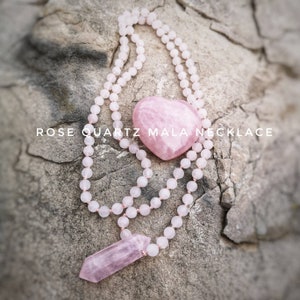 Rose Quartz Mala Necklace - Hand knotted 108 Bead Mala - Mala with Gemmy Rose Quartz Point or Teardrop - 6mm Crystal Mala - Long Necklace