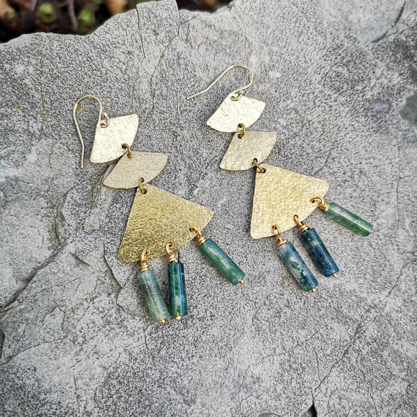 Moss Agate Earrings / Gold and Brass silk handtextured Earrings / Gift for Mom Sister Wife / Earthy Moss Agate and Unique boho Earrings