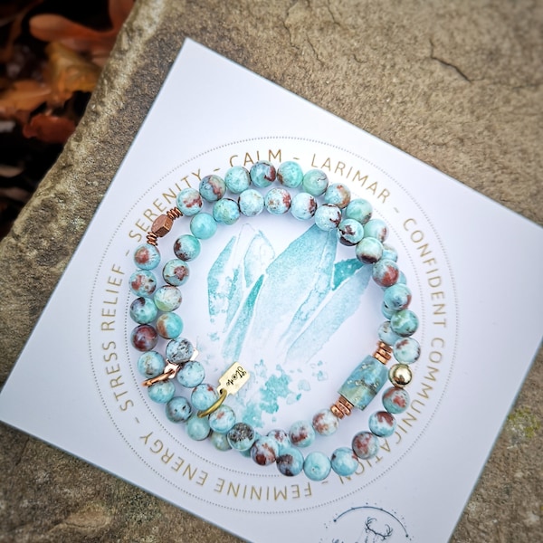 Bracelet en larimar véritable | Bracelet CIEL ET MER | Pierres gemmes de larimar bleu apaisant de 6 mm | Cadeau pour maman, femme, soeur | Énergies tranquilles